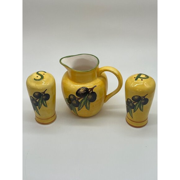 Small Ceramic Yellow Pitcher w/Olive Branches and Salt & Pepper Shakers, Unused - Picture 4 of 4